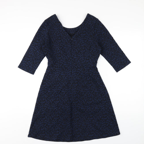 Oliver Bonas Womens Blue Animal Print Polyester A-Line Size 8 Round Neck Zip