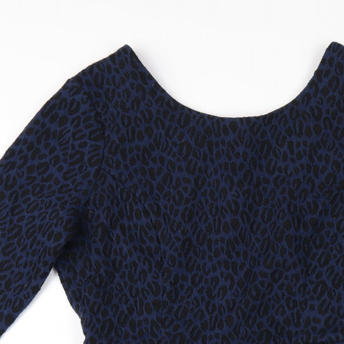 Oliver Bonas Womens Blue Animal Print Polyester A-Line Size 8 Round Neck Zip