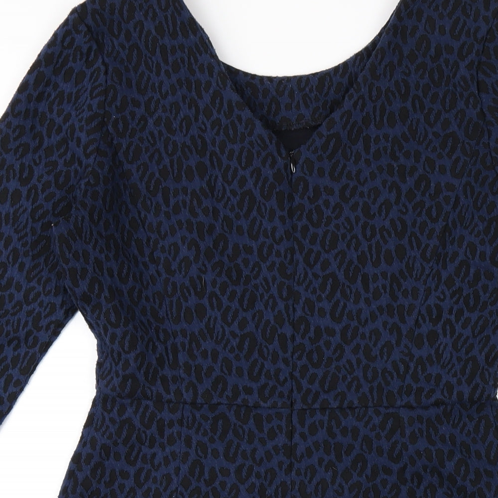 Oliver Bonas Womens Blue Animal Print Polyester A-Line Size 8 Round Neck Zip