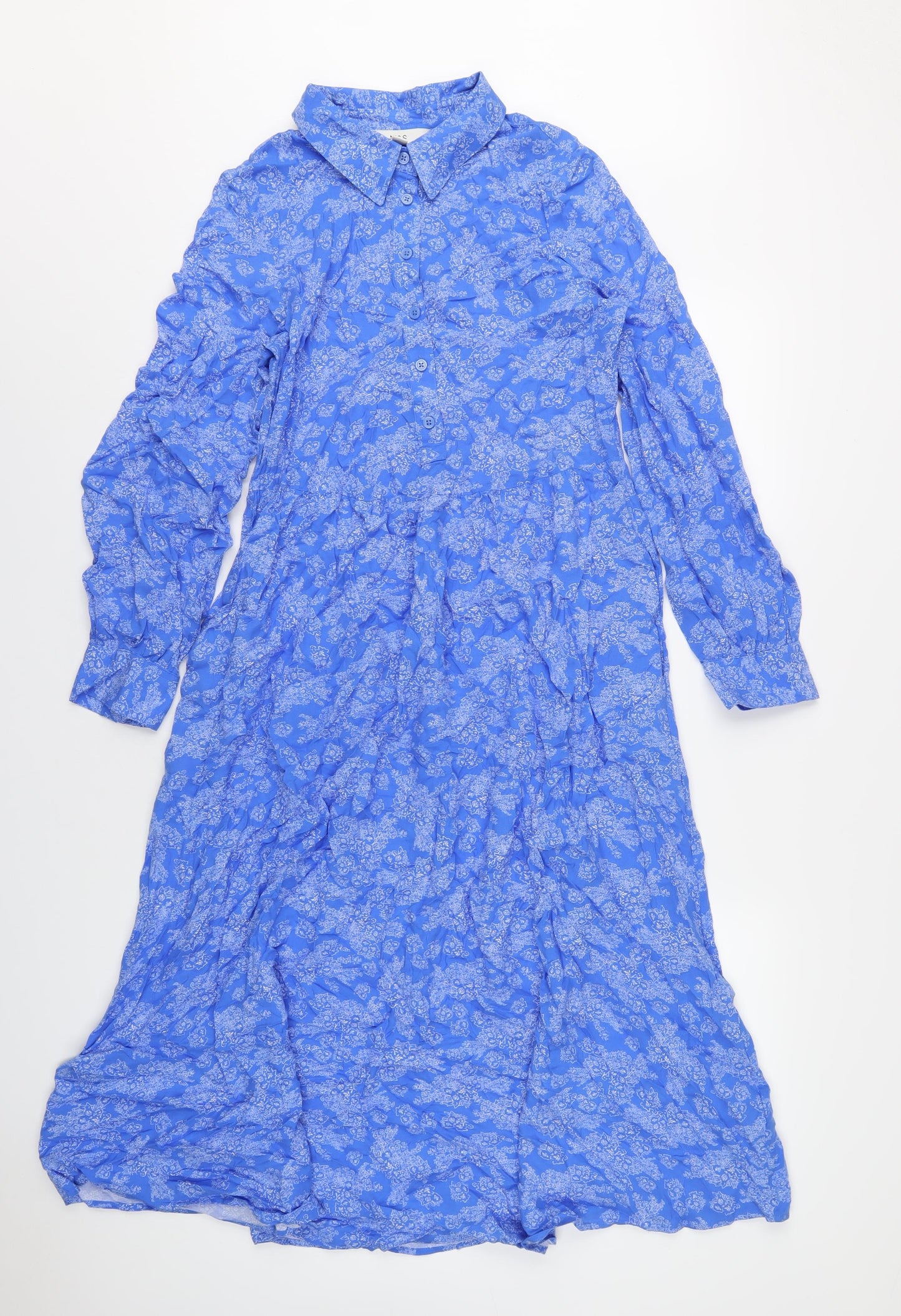 Marks and Spencer Womens Blue Geometric Viscose A-Line Size 8 Collared Button