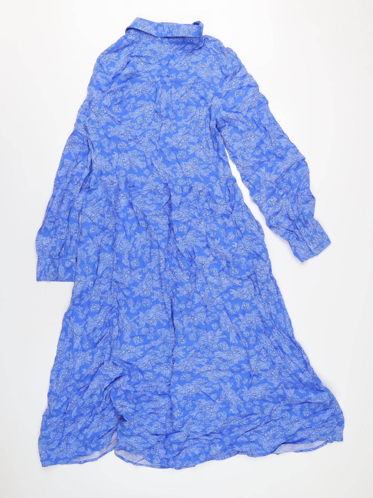 Marks and Spencer Womens Blue Geometric Viscose A-Line Size 8 Collared Button