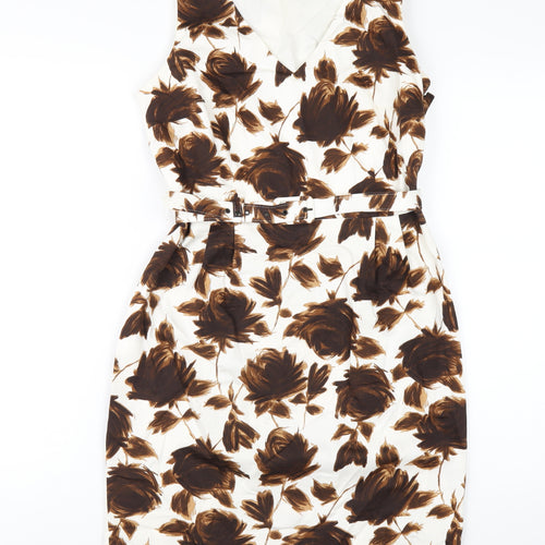 Phase Eight Womens Brown Floral Cotton Pencil Dress Size 10 V-Neck Zip