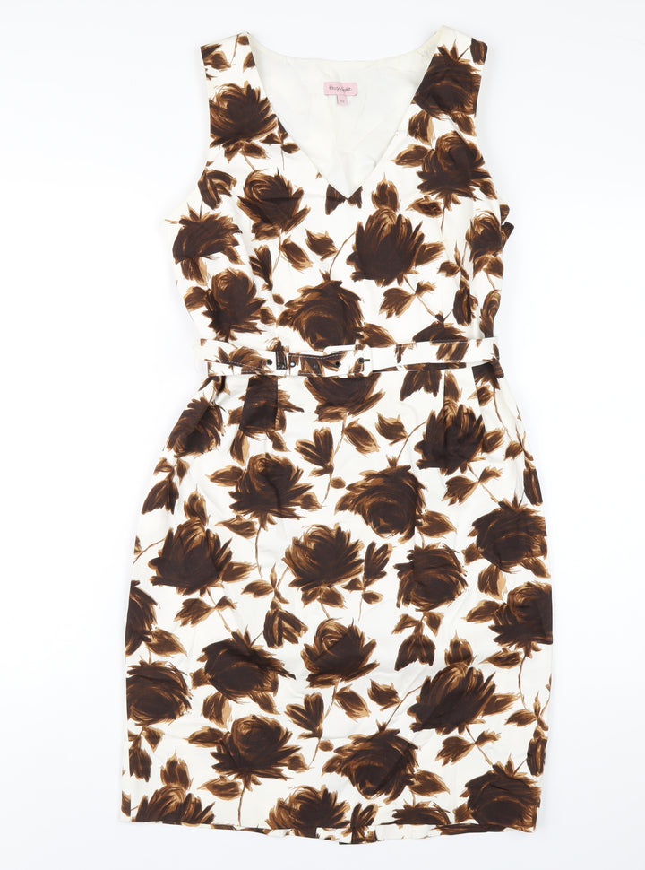 Phase Eight Womens Brown Floral Cotton Pencil Dress Size 10 V-Neck Zip