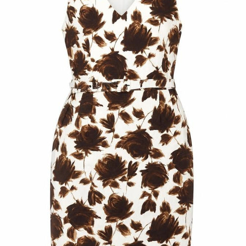 Phase Eight Womens Brown Floral Cotton Pencil Dress Size 10 V-Neck Zip