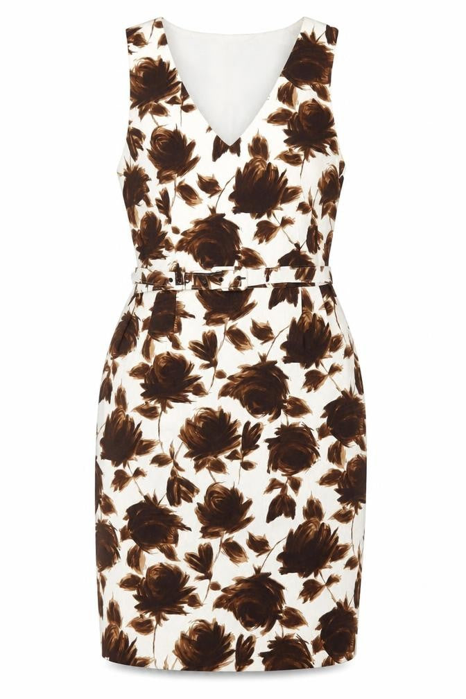 Phase Eight Womens Brown Floral Cotton Pencil Dress Size 10 V-Neck Zip