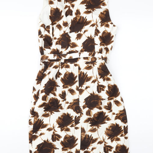 Phase Eight Womens Brown Floral Cotton Pencil Dress Size 10 V-Neck Zip