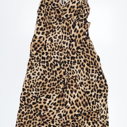 Marks and Spencer Womens Brown Animal Print Viscose A-Line Size 14 V-Neck Button