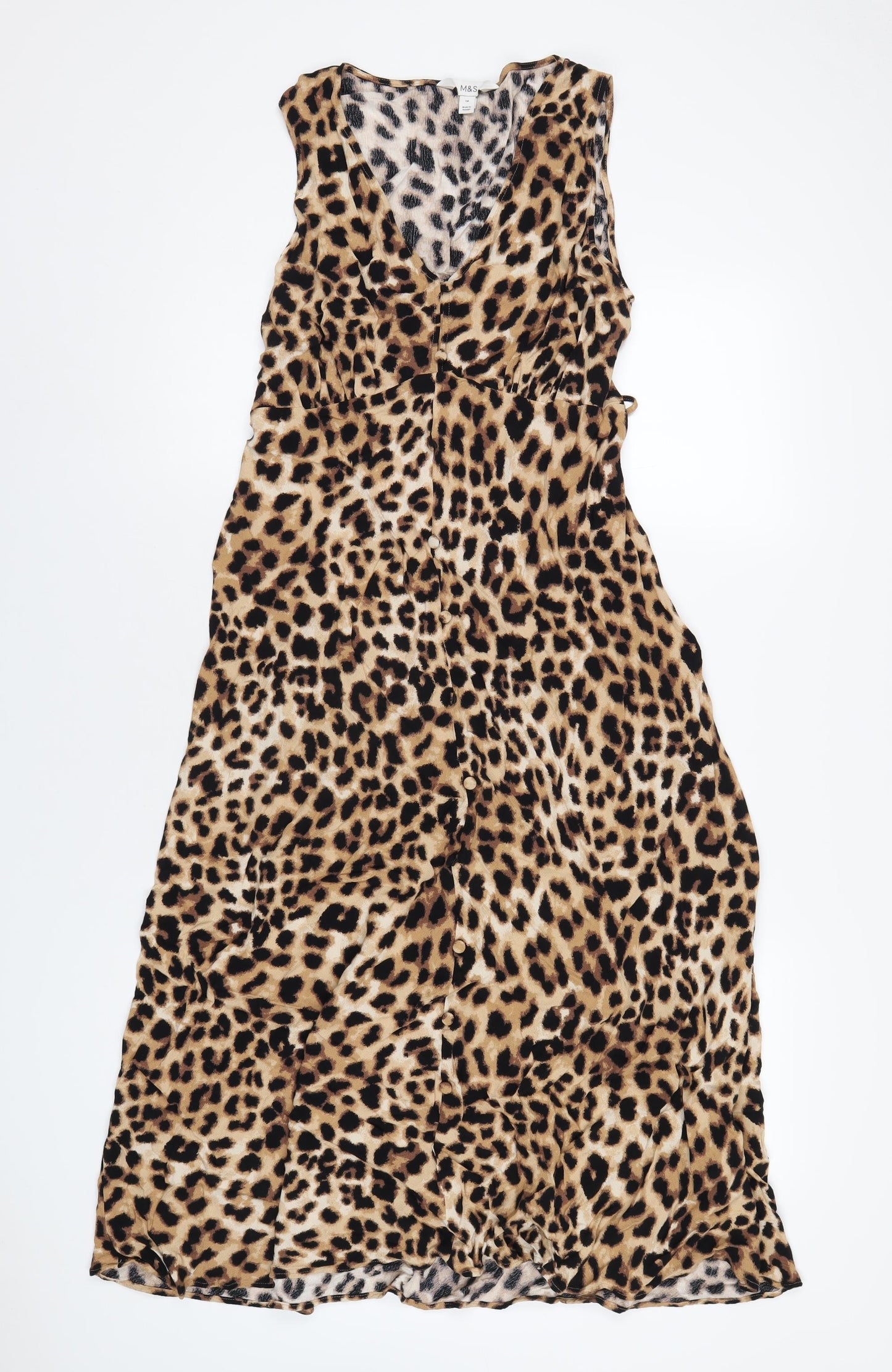 Marks and Spencer Womens Brown Animal Print Viscose A-Line Size 14 V-Neck Button