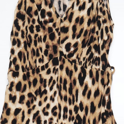 Marks and Spencer Womens Brown Animal Print Viscose A-Line Size 14 V-Neck Button