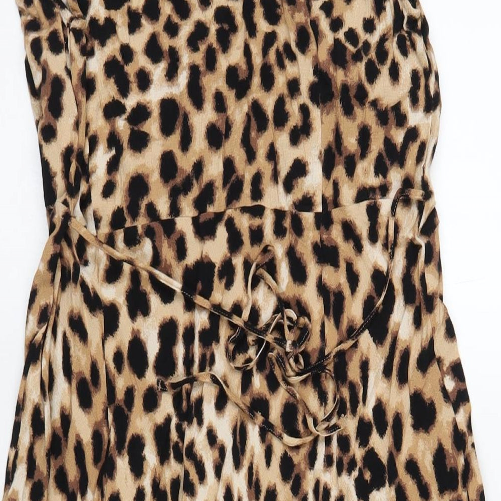 Marks and Spencer Womens Brown Animal Print Viscose A-Line Size 14 V-Neck Button