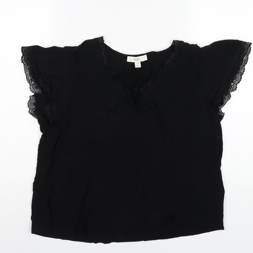 Marks and Spencer Womens Black Viscose Basic T-Shirt Size 14 V-Neck - Lace Trim