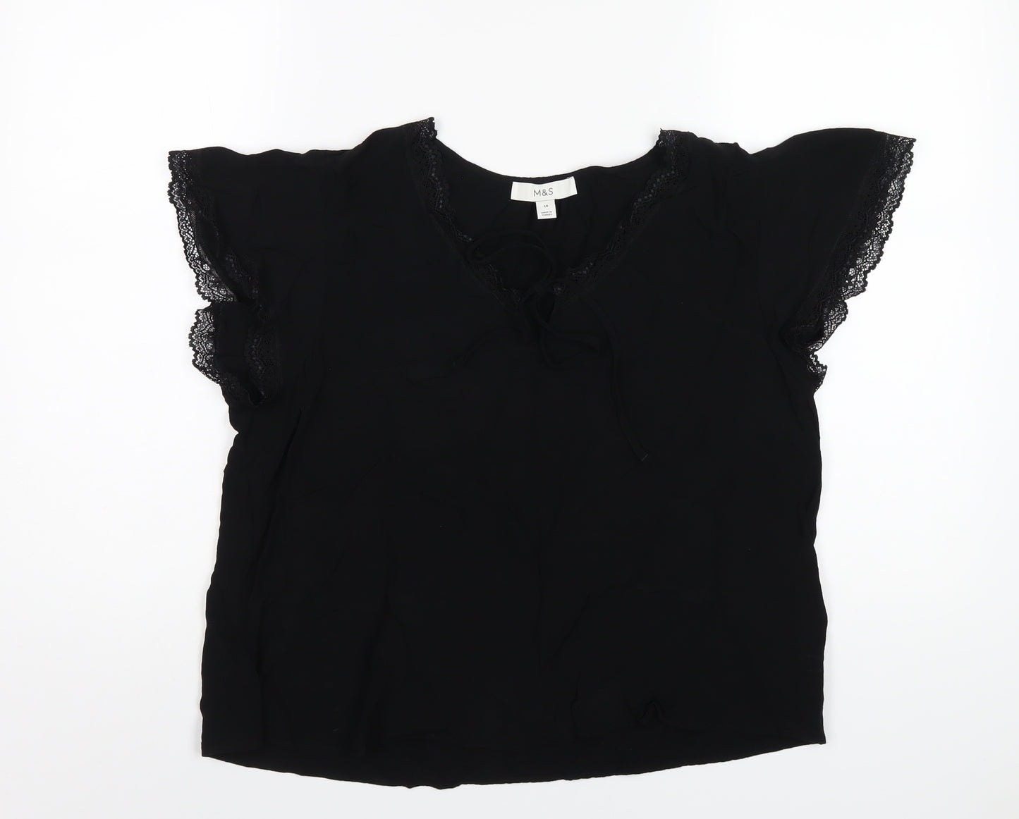 Marks and Spencer Womens Black Viscose Basic T-Shirt Size 14 V-Neck - Lace Trim