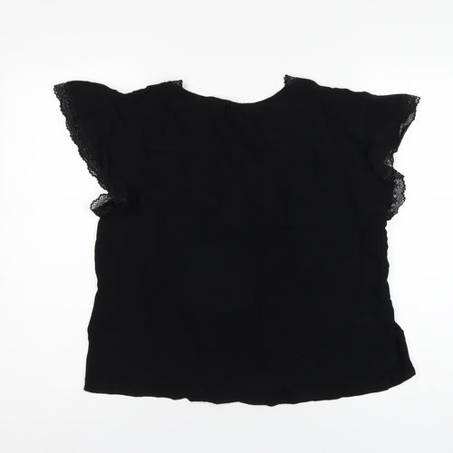 Marks and Spencer Womens Black Viscose Basic T-Shirt Size 14 V-Neck - Lace Trim