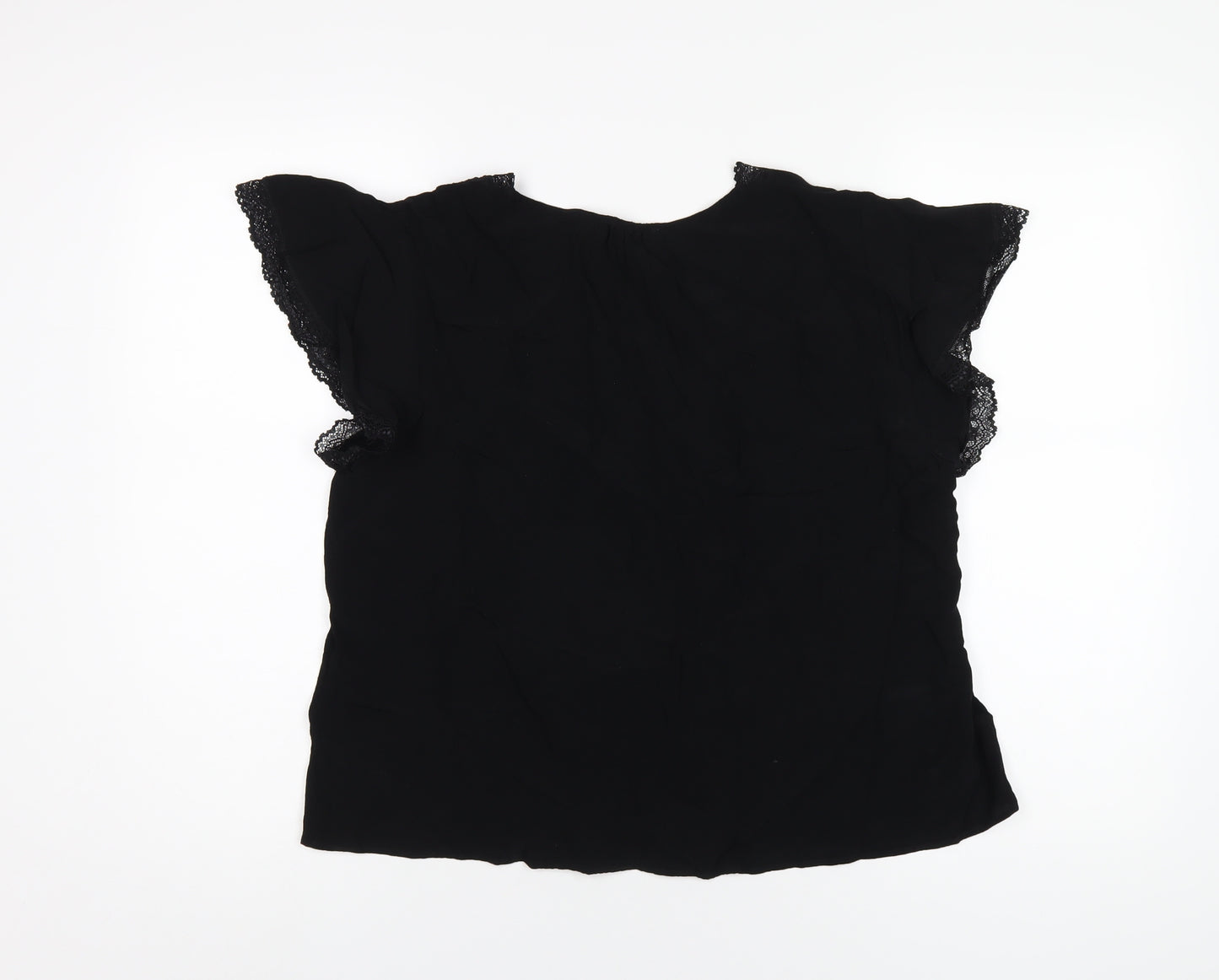 Marks and Spencer Womens Black Viscose Basic T-Shirt Size 14 V-Neck - Lace Trim