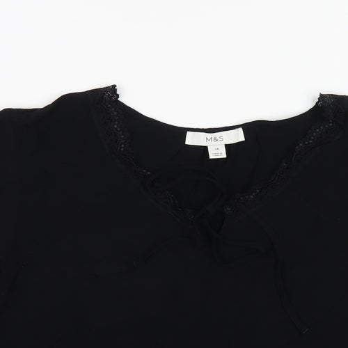 Marks and Spencer Womens Black Viscose Basic T-Shirt Size 14 V-Neck - Lace Trim