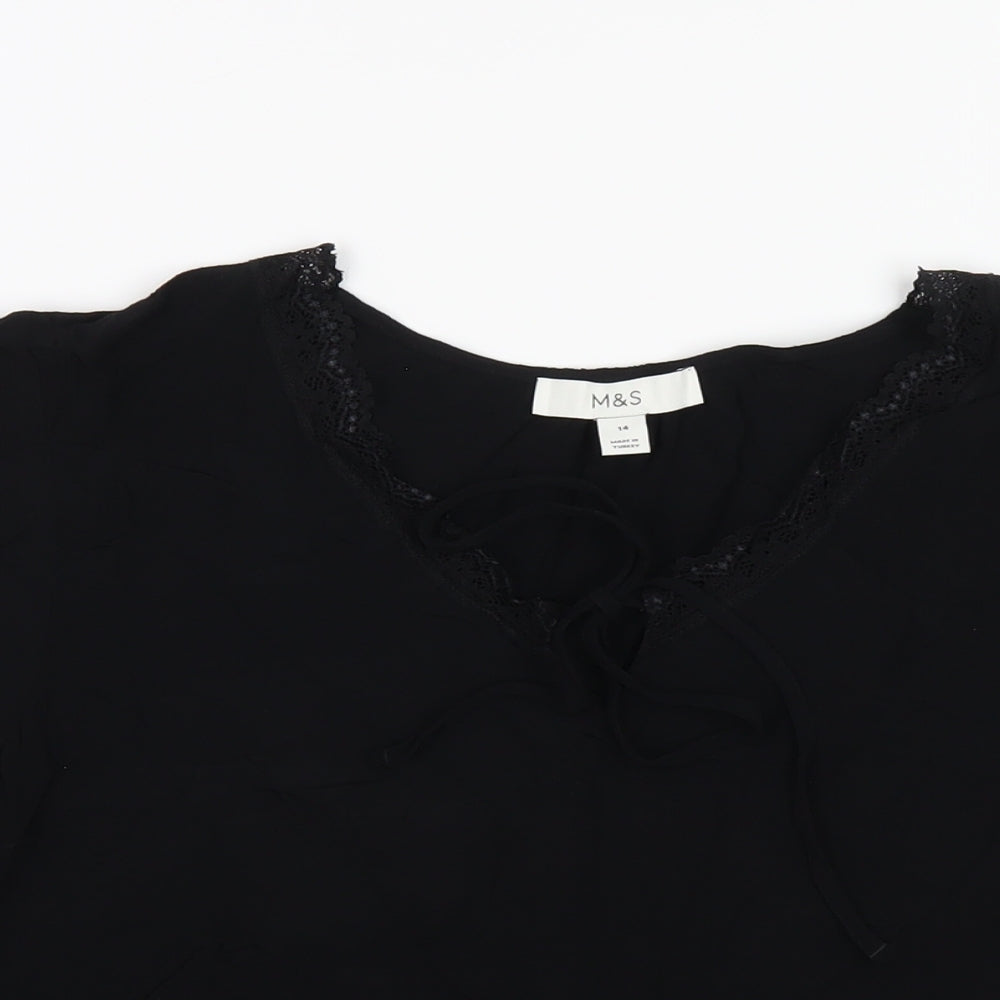 Marks and Spencer Womens Black Viscose Basic T-Shirt Size 14 V-Neck - Lace Trim