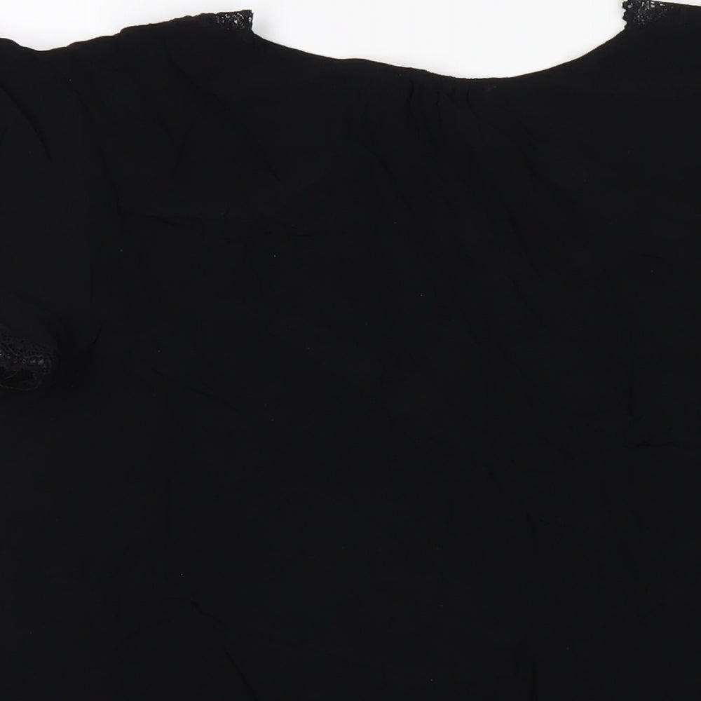 Marks and Spencer Womens Black Viscose Basic T-Shirt Size 14 V-Neck - Lace Trim