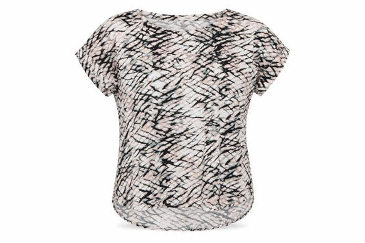 Front view of Rare Earth women’s multicoloured geometric viscose basic t-shirt, size UK 12, round neck