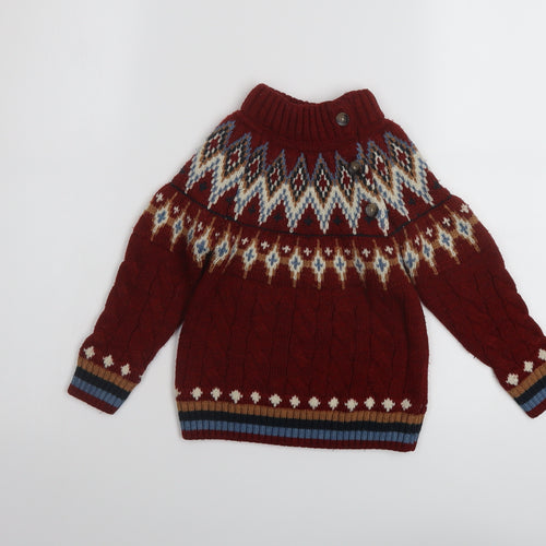 NEXT Boys Red Mock Neck Fair Isle Acrylic Pullover Jumper Size 2-3 Years Button