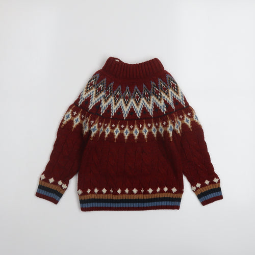NEXT Boys Red Mock Neck Fair Isle Acrylic Pullover Jumper Size 2-3 Years Button