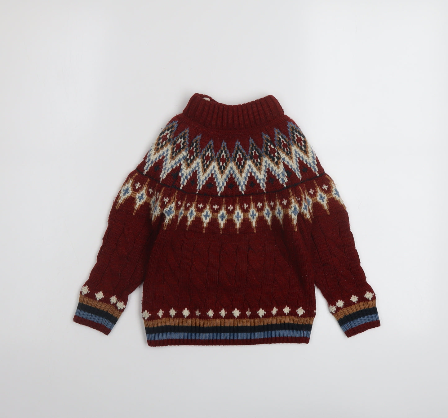 NEXT Boys Red Mock Neck Fair Isle Acrylic Pullover Jumper Size 2-3 Years Button