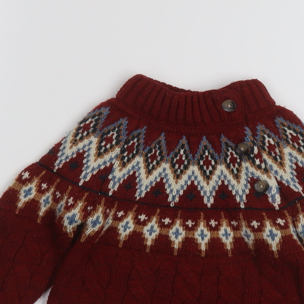 NEXT Boys Red Mock Neck Fair Isle Acrylic Pullover Jumper Size 2-3 Years Button
