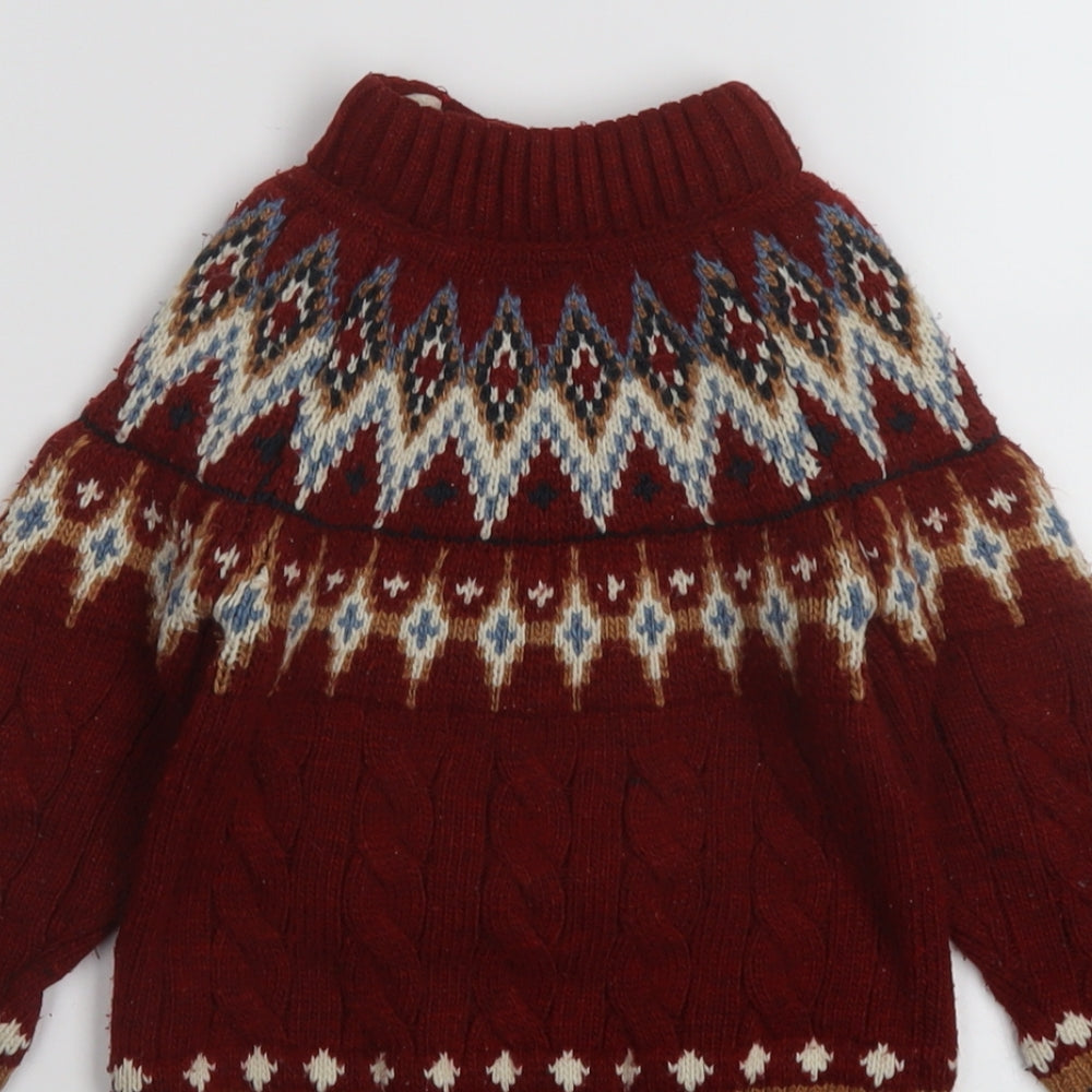 NEXT Boys Red Mock Neck Fair Isle Acrylic Pullover Jumper Size 2-3 Years Button