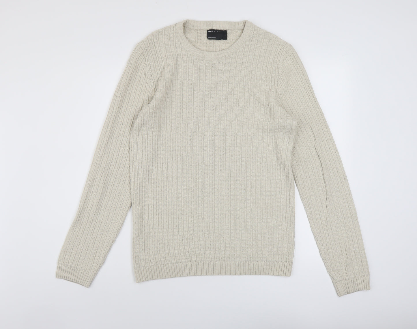 ASOS Mens Beige Crew Neck Cotton Pullover Jumper Size L Long Sleeve