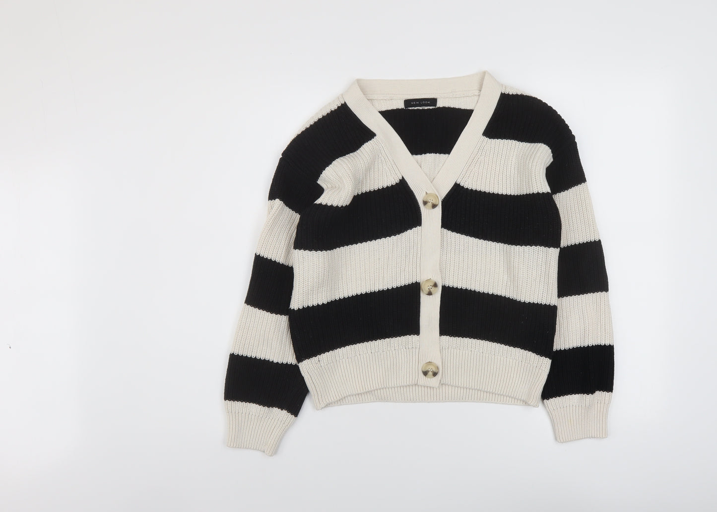New Look Womens Black V-Neck Striped Cotton Cardigan Jumper Size S