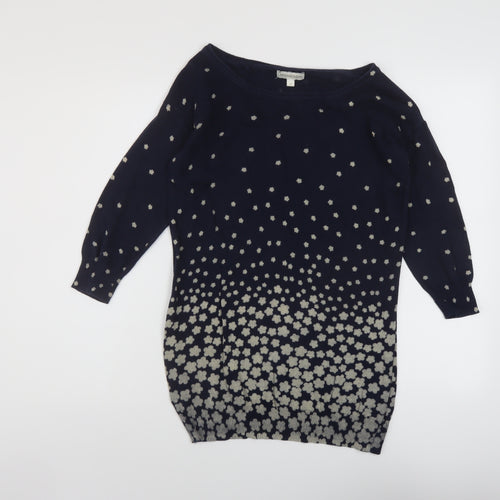 Monsoon Womens Blue Boat Neck Geometric Cotton Pullover Jumper Size S