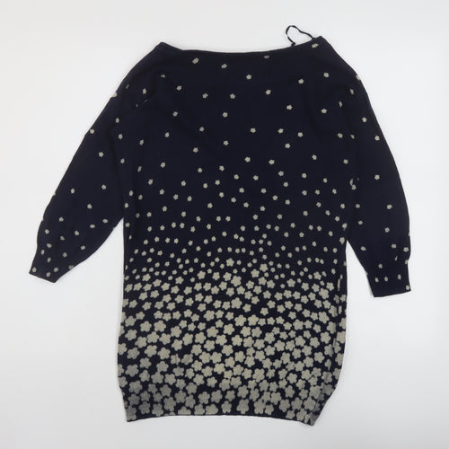 Monsoon Womens Blue Boat Neck Geometric Cotton Pullover Jumper Size S