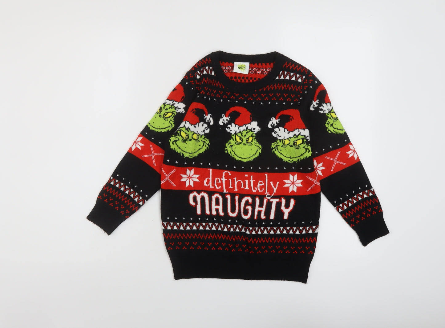The Grinch Boys Black Crew Neck Geometric Acrylic Pullover Jumper Size 8-9 Years Pullover - Grinch Christmas