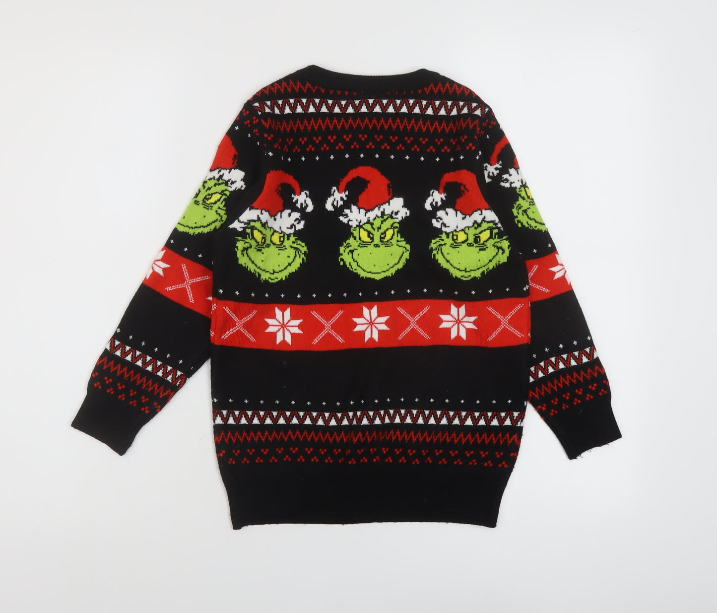 The Grinch Boys Black Crew Neck Geometric Acrylic Pullover Jumper Size 8-9 Years Pullover - Grinch Christmas