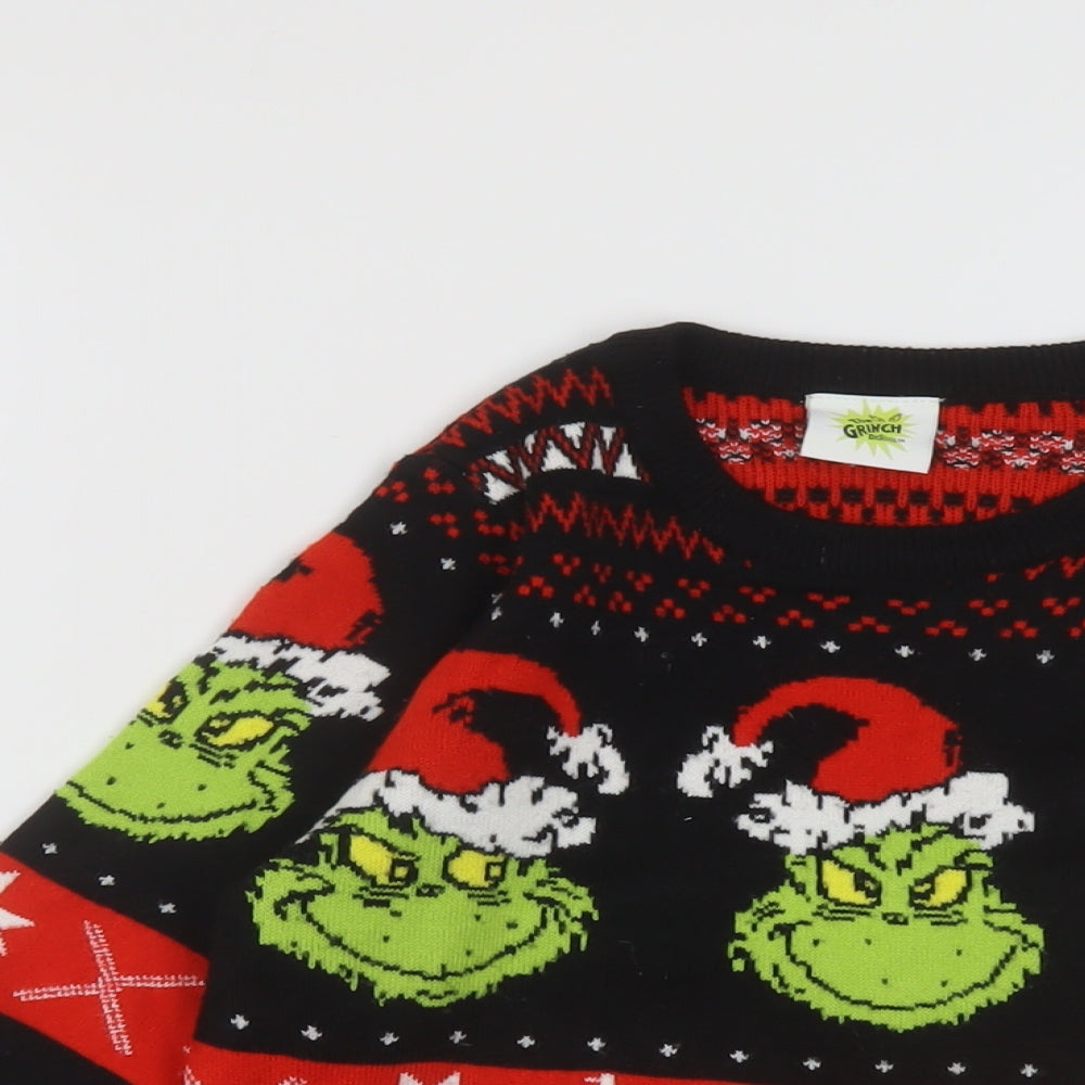 The Grinch Boys Black Crew Neck Geometric Acrylic Pullover Jumper Size 8-9 Years Pullover - Grinch Christmas