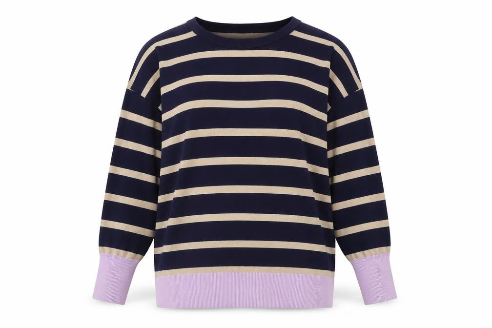 Front view of Bonmarché women’s multicoloured round neck striped viscose jumper, size UK 14