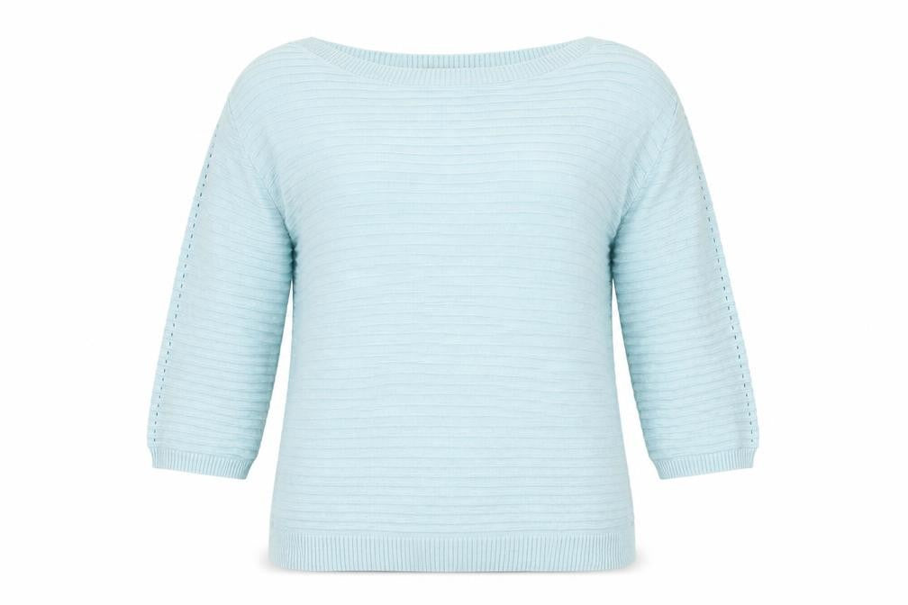 Front view of Marble women’s blue boat neck cotton jumper, size UK 12