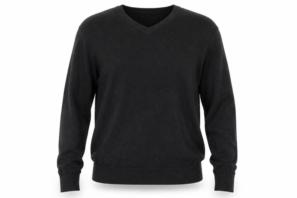 Front view of Gap men’s grey v-neck cotton jumper, size L, long sleeve