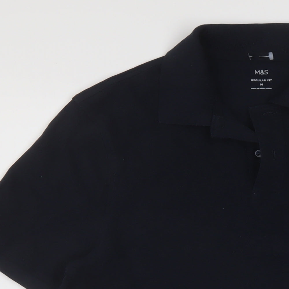Marks and Spencer Mens Blue Cotton Polo Size M Collared Button