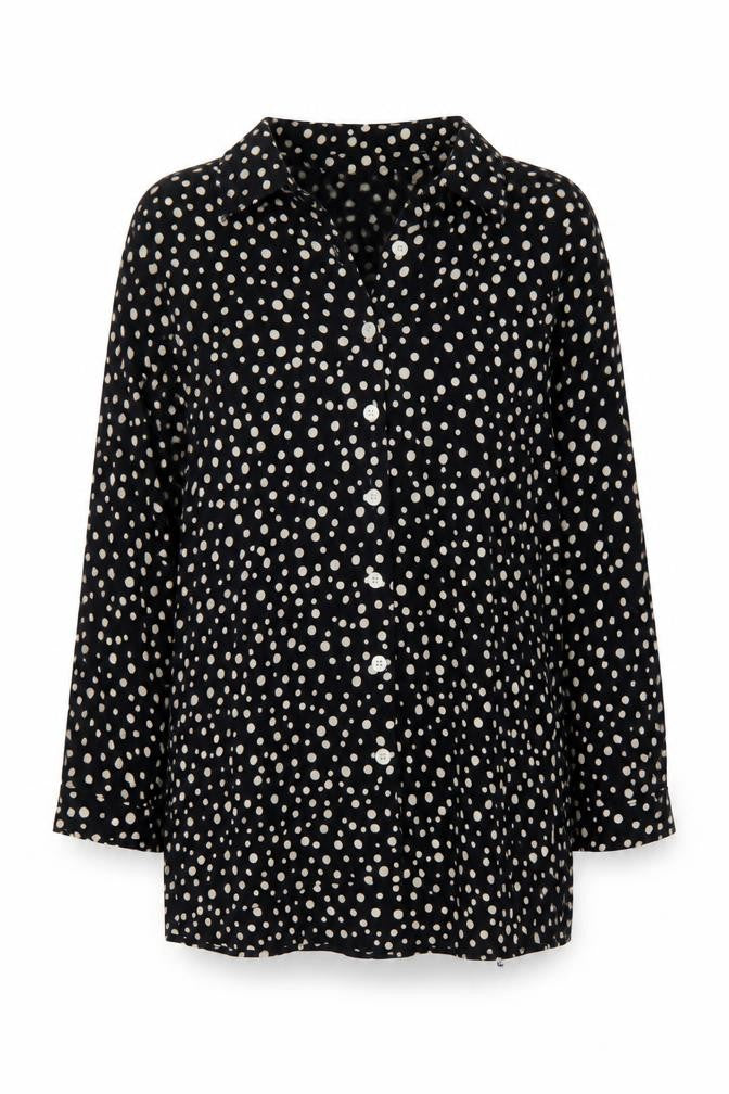 Front view of Pop England women’s blue polka dot viscose basic button-up, size UK 10, v-neck