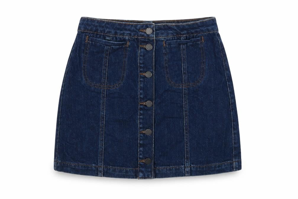 Front view of Topshop women’s blue cotton mini skirt, size UK 28, in button