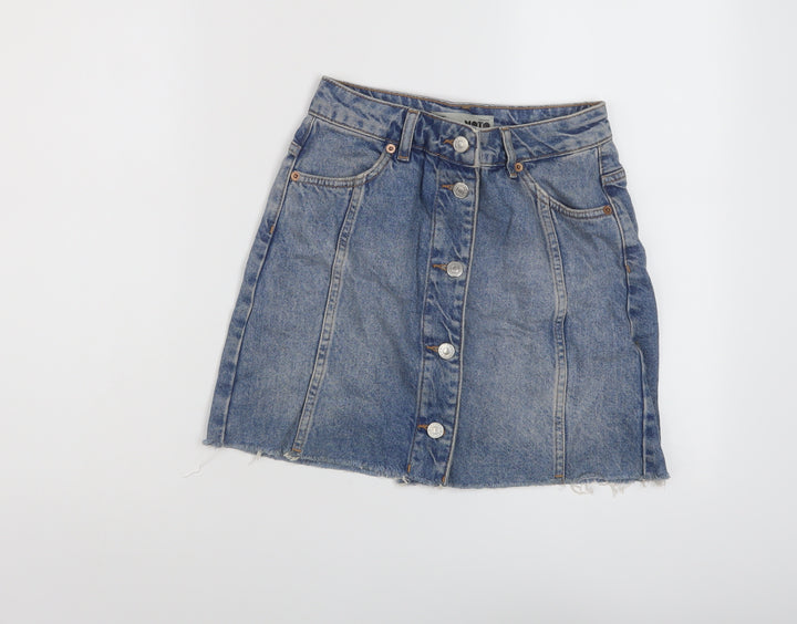 Toshop Womens Blue Cotton Mini Skirt Size 8 Button