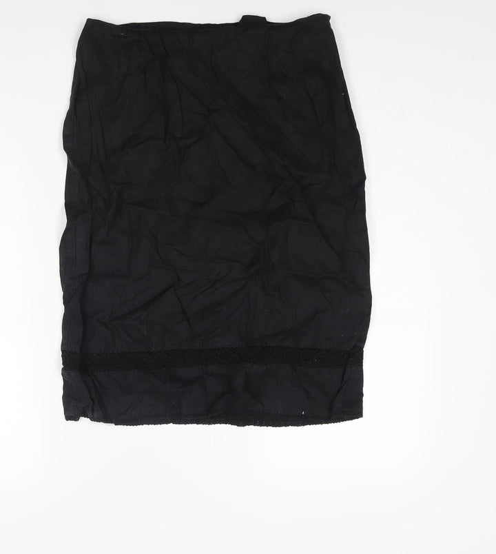 Wallis Womens Black Linen Straight & Pencil Skirt Size 14 Zip - Lace Detail