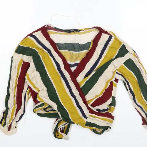 Zara Womens Multicoloured Striped Viscose Wrap Blouse Size XS V-Neck