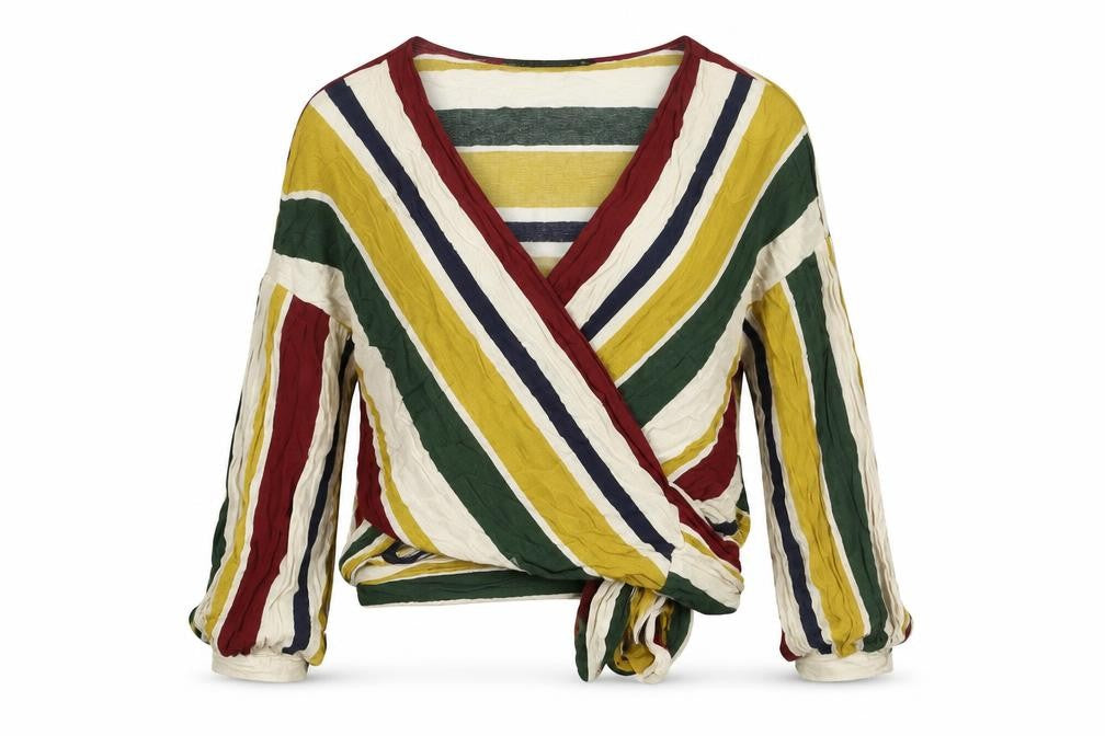 Front view of Zara women’s multicoloured striped viscose wrap blouse, size XS, v-neck