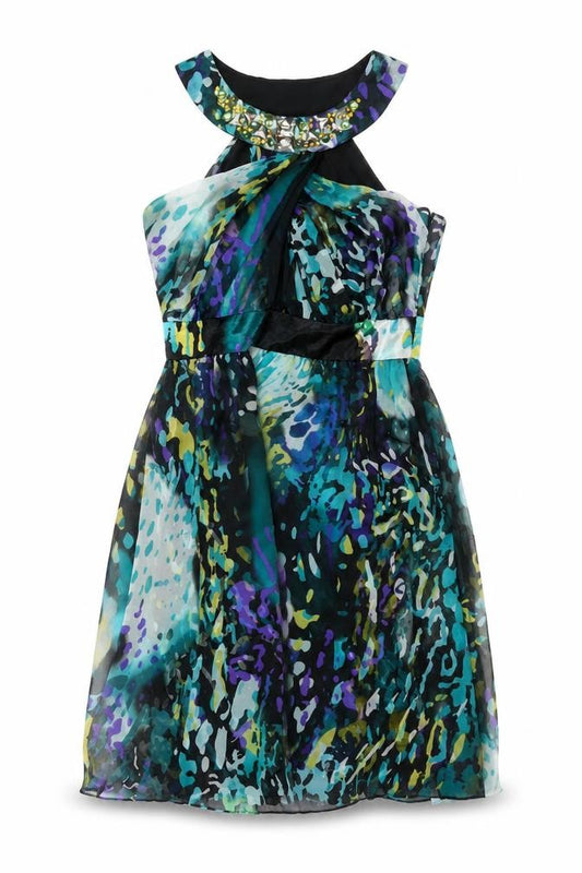 Front view of Miss Sizty women’s multicoloured geometric polyester a-line, size UK 10, round neck zip - rhinestone detail