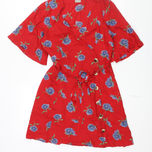 ASOS Womens Red Floral Viscose Wrap Dress Size 10 V-Neck Tie - Belted