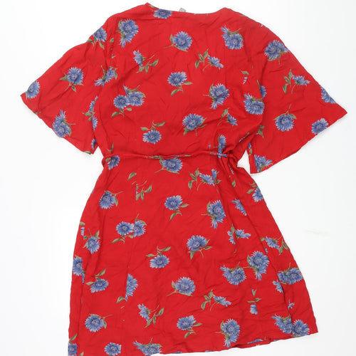 ASOS Womens Red Floral Viscose Wrap Dress Size 10 V-Neck Tie - Belted