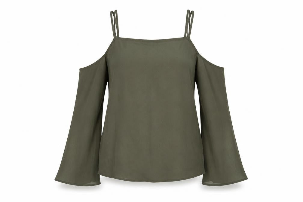 Front view of Topshop women’s red polyester basic blouse, size UK 12, square neck - cold shoulder