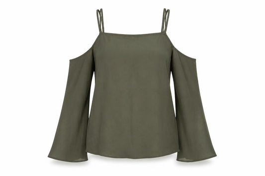 Front view of Topshop women’s red polyester basic blouse, size UK 12, square neck - cold shoulder