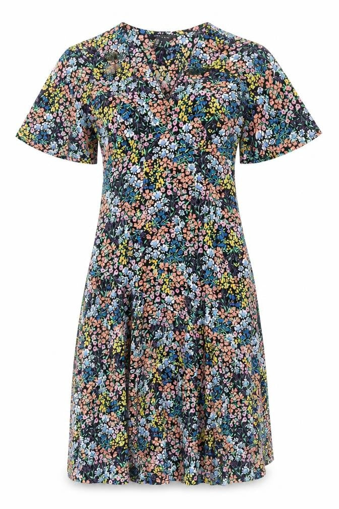 Front view of New Look women’s multicoloured floral polyester shift, size UK 8, v-neck zip